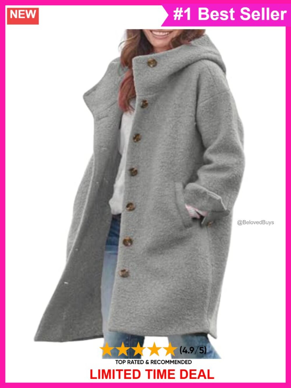 Women's Winter Single Breasted Long Wool Blend Coat with Hood Casual Trench